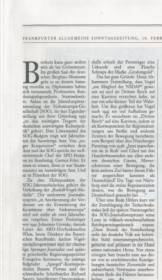 Ausschnitt eines Artikels des Journalisten Michael Martens über die Vergangenheit Rudolf Vogels/ Frankfurter Allgemeine Sonntagszeitung, 10. Februar 2013